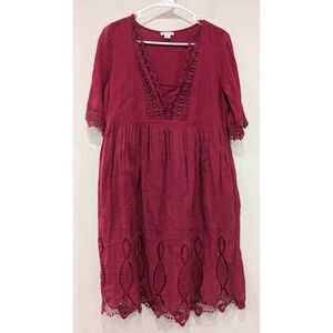 Sundance Catalog Garnet Red Eyelet Cotton Dress Size Small